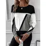 Round Neck Contrasting Color Patchwork Geometric Print Tops