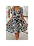 Deep V Neck Allover Print Ruffle Tassel Dress