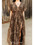 Brown Leopard Puff Short Sleeve Overlap Slit Hem Maxi Dress
