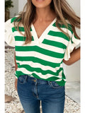 Ldc Stripe Collar V Neck Ruffled Short Sleeve Blouse