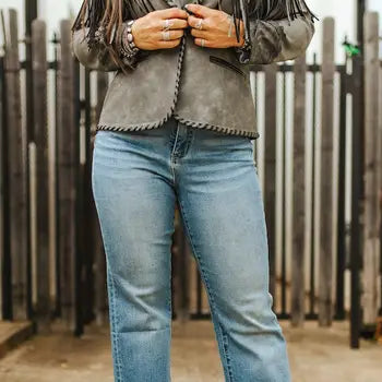 Mid Wash Crease Cuffed High Rise Boyfriend Jeans