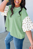 PRETTY BASH Floral Stripe Patchwork Puff Sleeve Top