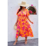 Plus Floral Short Sleeve Split Belted Midi Dress
