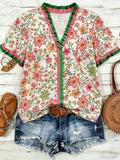 Boho Western Contrast Ruffle Trim V-Neck Floral Print Top