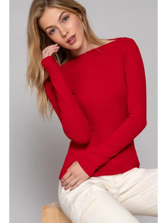 Long Slv Wide Boat Neck Brushed Rib Knit Top