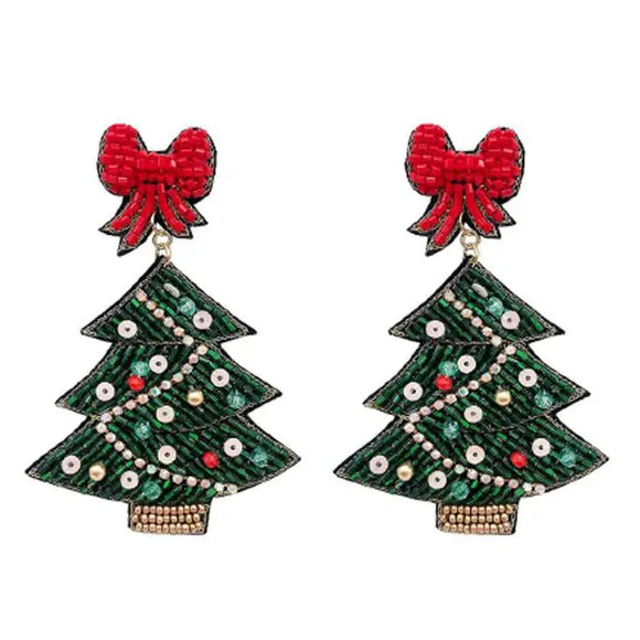CHRISTMAS TREE WITH BOW TOPPER SEED BEADED DANGLE EARRINGS