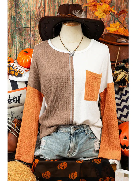 Halloween Long Sleeve Colorblock Pocket Textured Knit Top