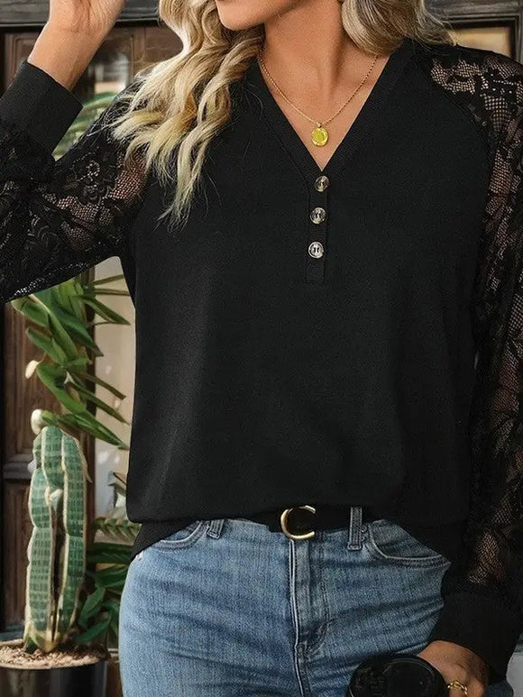 Long Sleeve Black Shirt with Elegant Lace Accents