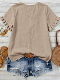 Lace Spliced V-Neck Short-Sleeve Top with Ruffled Edges