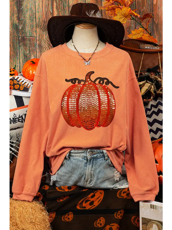 Fashion Halloween Pumpkin Ribbed Round Neck Sweatshirt