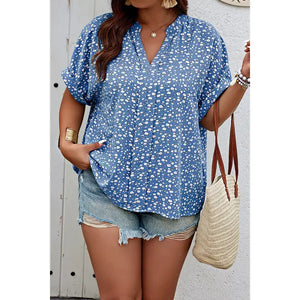Plus Size Floral Print V Neck Short Sleeve Blouse