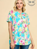 Plus Floral Split Neckline Short Slv Tunic Top