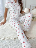 Lace Trim Red Cherry Print Top Lounge Pajama Valentines Set