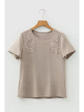 PRETTY BASH Solid Lace Embroidered Patch Short Sleeve Tee