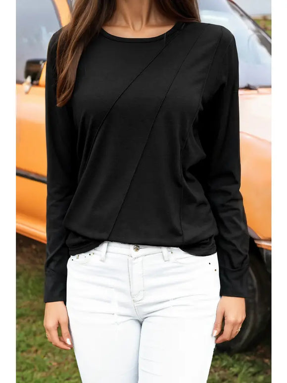 Fashion-W Asymmetric Seam Detail Solid Color Long Sleeve Top