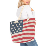 American Flag Zippered Burlap Canvas Tote Bag