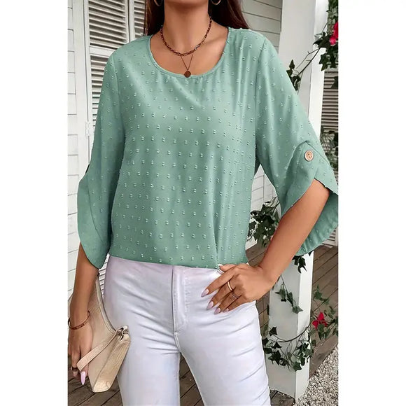 Solid Swiss Dot Round Neck Loose Button Trim Top