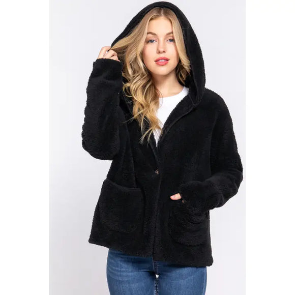 Long Dolman Slv Hoodie Sherpa Jacket