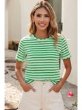 Scalloped Trim Round Neck Stripe T Shirt