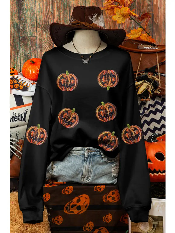 Halloween Sequin Pumpkin Face Halloween Sweatshirt