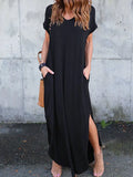 Black V Neck Split Maxi Dress