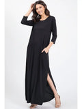 Three Quarter Sleeve Round Neck Solid Maxi Dress