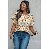Plus Round Neck Floral Flounce Sleeve Loose Shirt