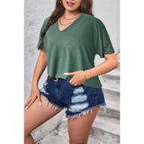 Plus Size Solid Color Block V Neck Loose Fit Shirt