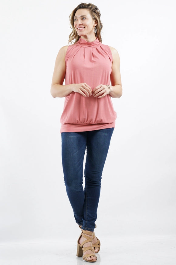 Plus Size High Neck Pleated Top with Waistband