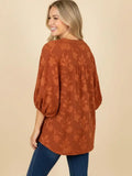 Textured Floral Puff Sleeve Split Neck Blouse