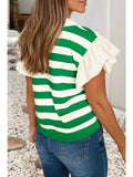 Ldc Stripe Collar V Neck Ruffled Short Sleeve Blouse