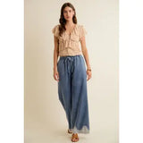 Lace Trim Wide Leg Elastic Mid Rise Denim Pants