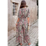 Boho Print Short Sleeve Shirred Waist Fit Jumpsuit