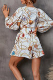 Printed Bubble Sleeves Hollow Out Waist Romper