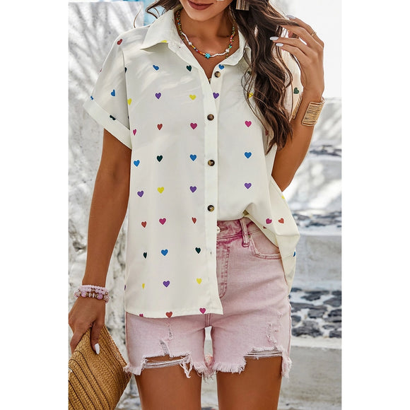 Heart Print Button Up Loose Fit Blouse