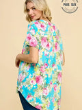 Plus Floral Split Neckline Short Slv Tunic Top