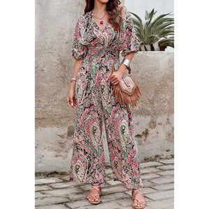 Boho Print Short Sleeve Shirred Waist Fit Jumpsuit