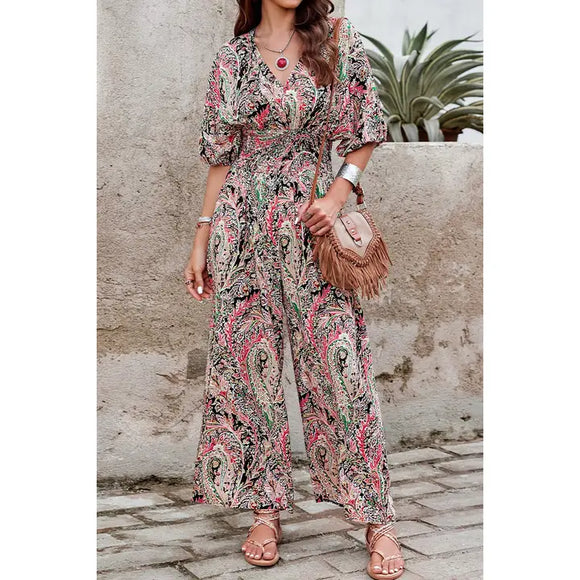 Boho Print Short Sleeve Shirred Waist Fit Jumpsuit