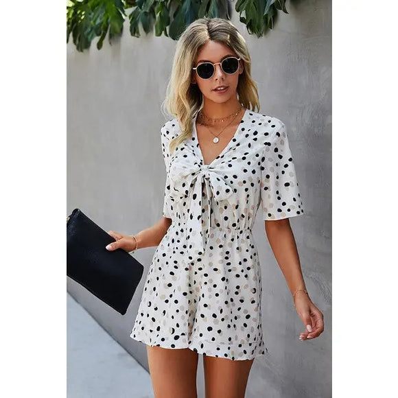 Polka Dot Short Sleeve V Neck Romper