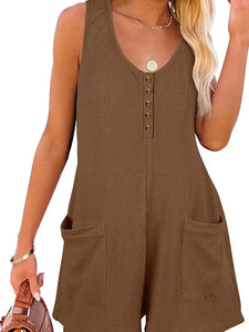 SLEEVELESS BUTTON WAFFLE ROMPER WITH POCKETS