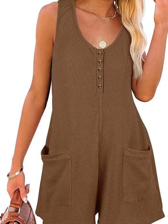 SLEEVELESS BUTTON WAFFLE ROMPER WITH POCKETS