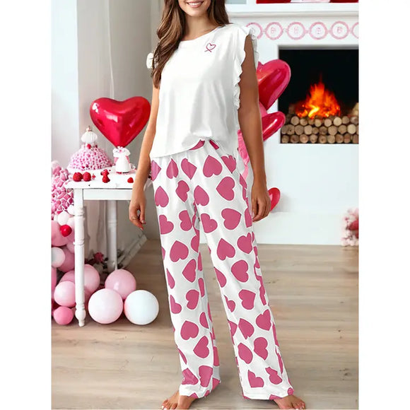 Heart Print Ruffle Sleeveless Top and Pants Valentines Set-Red