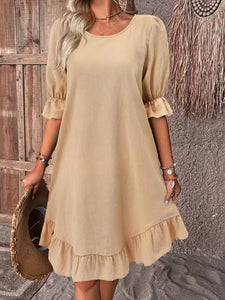 Flare Sleeves Ruffle Plain Mini Dress