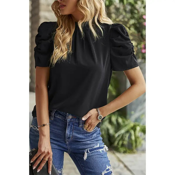 Solid Puff Short Sleeve Mock Neck Pleated T Shirt