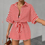Summer Striped Lapel Button-Up Belted Shorts Romper