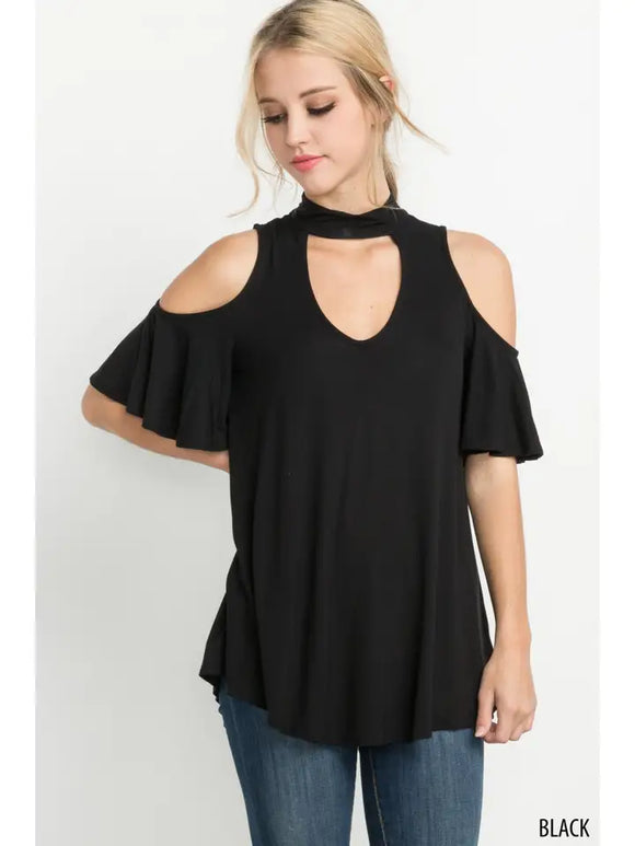 Bamboo Fabric Cutout Front Open Shoulder Top