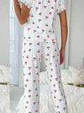Lace Trim Red Cherry Print Top Lounge Pajama Valentines Set