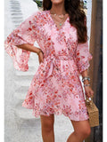 Floral Ruffle Faux Wrap Belted Dress