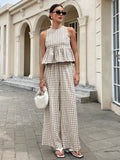 Plaid Patterned Top Straight-Leg Trousers Set