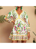 Bohemian V-Neck Three-Quarter Sleeve Mini Dress